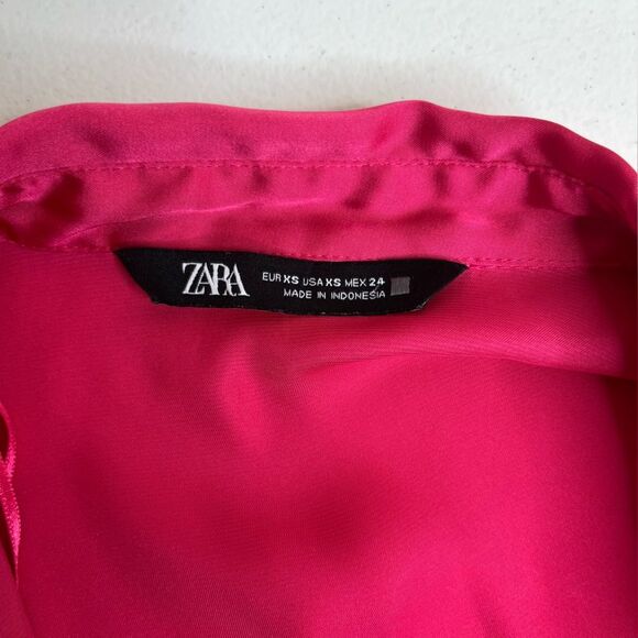 Zara Hot Pink Satin V Neck Long Sleeve Button Front French Cuff Shirt Women XS - Picture 11 of 15
